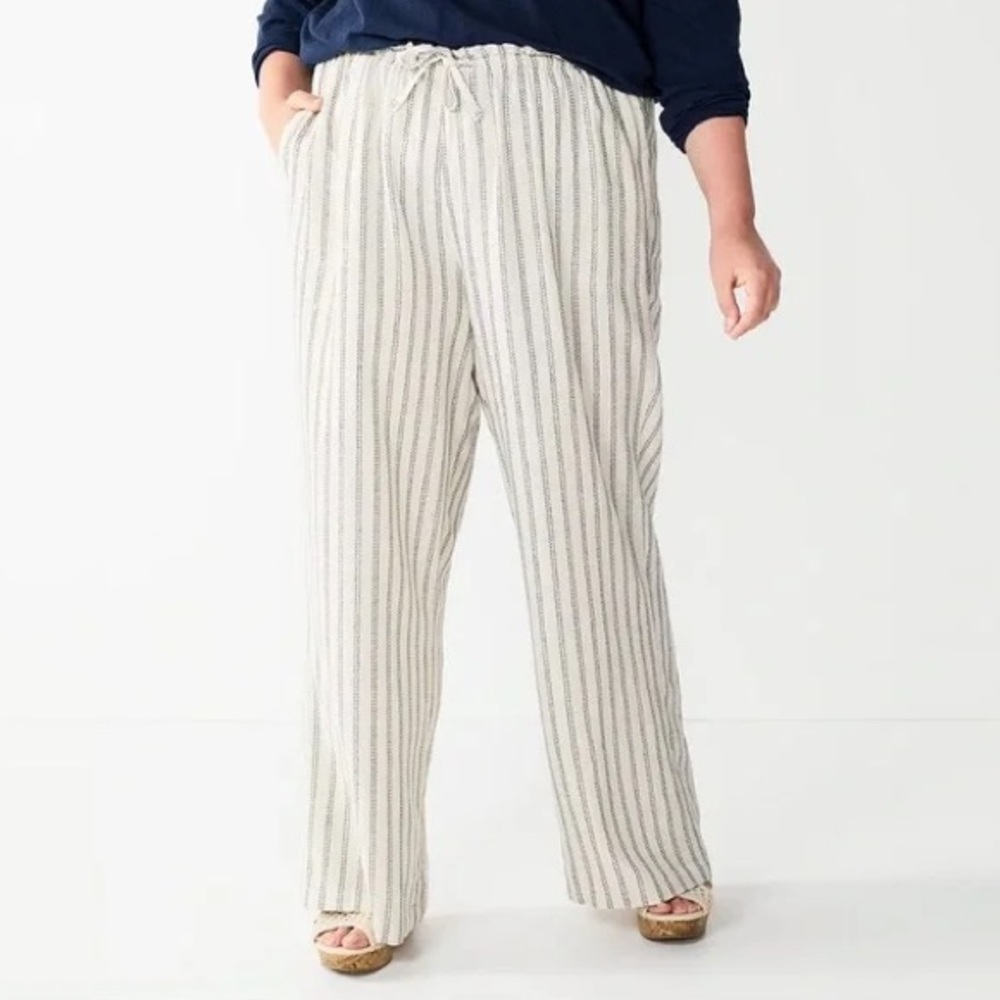 Sonoma White and tan Striped Linen palazzo Pants wide leg size xxl 2x